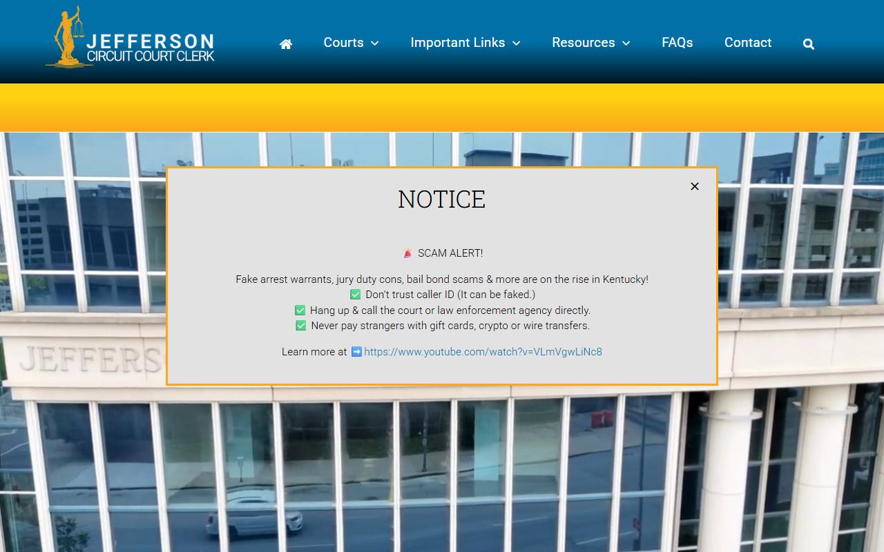 Jefferson County Circuit Clerk office building for Louisville court docket access