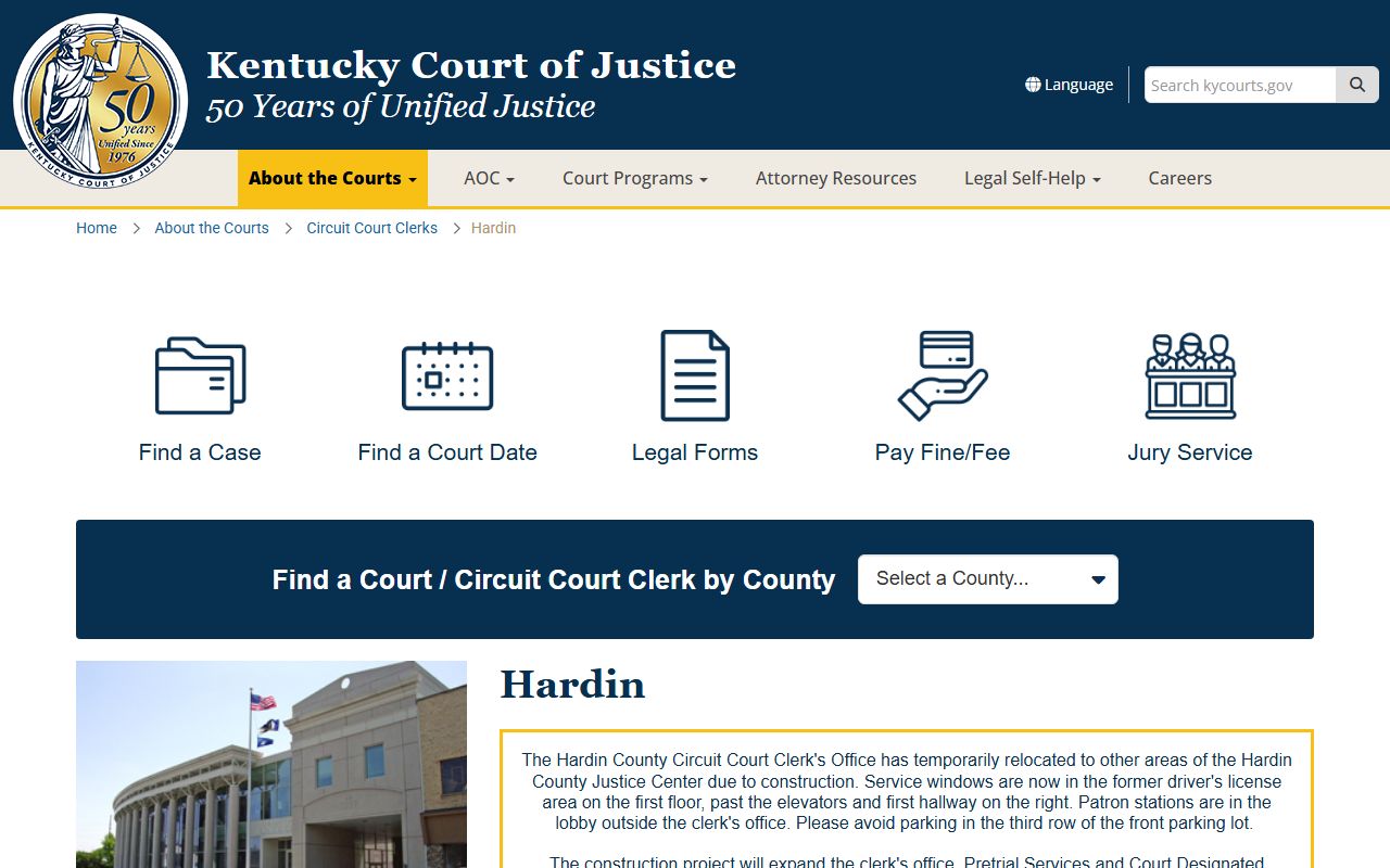 Hardin County District Court office in Radcliff for court docket access