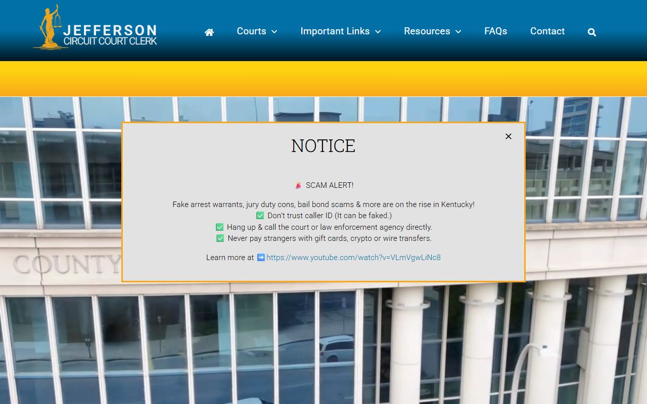 Jefferson County Court Docket office at the Circuit Court Clerk in Louisville Kentucky