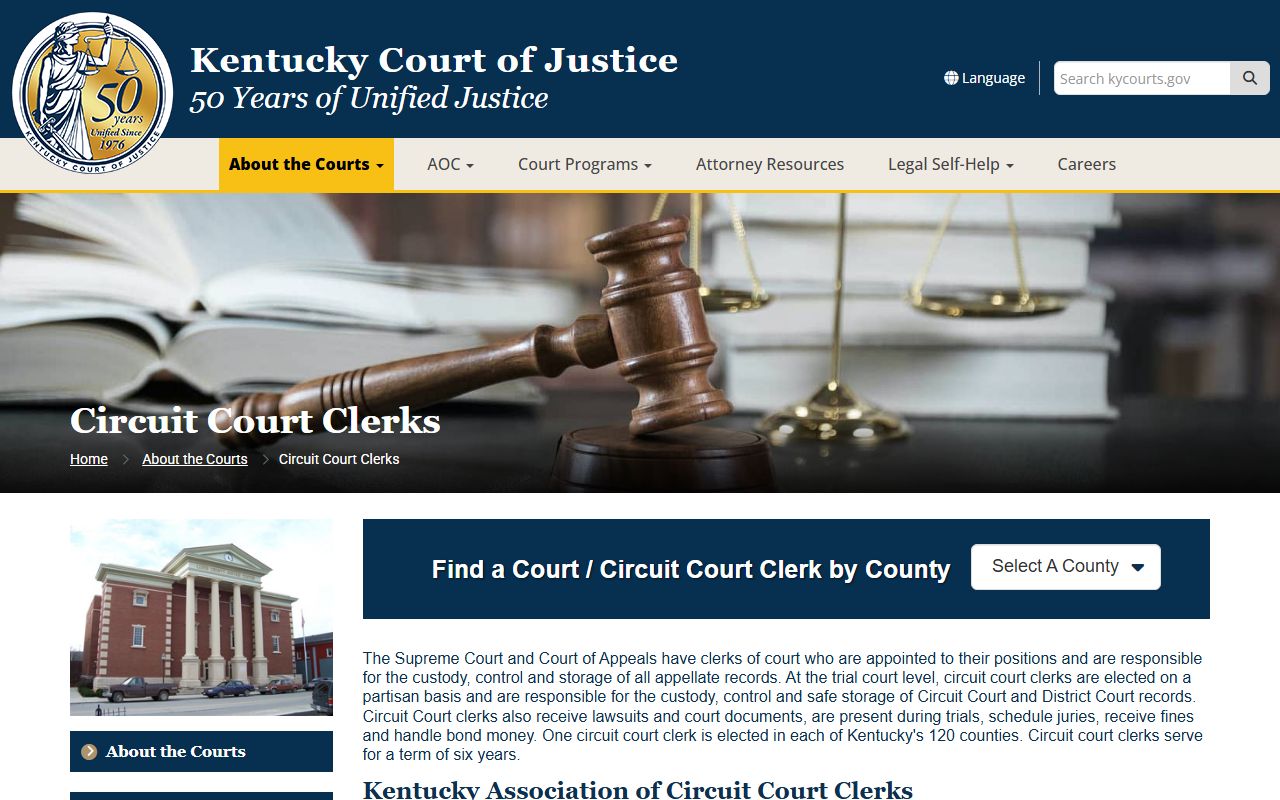 Kentucky Court of Justice county information directory for court docket searches