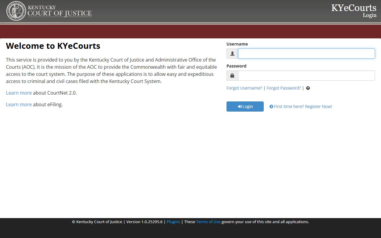 CourtNet 2.0 login portal for Kentucky court docket searches