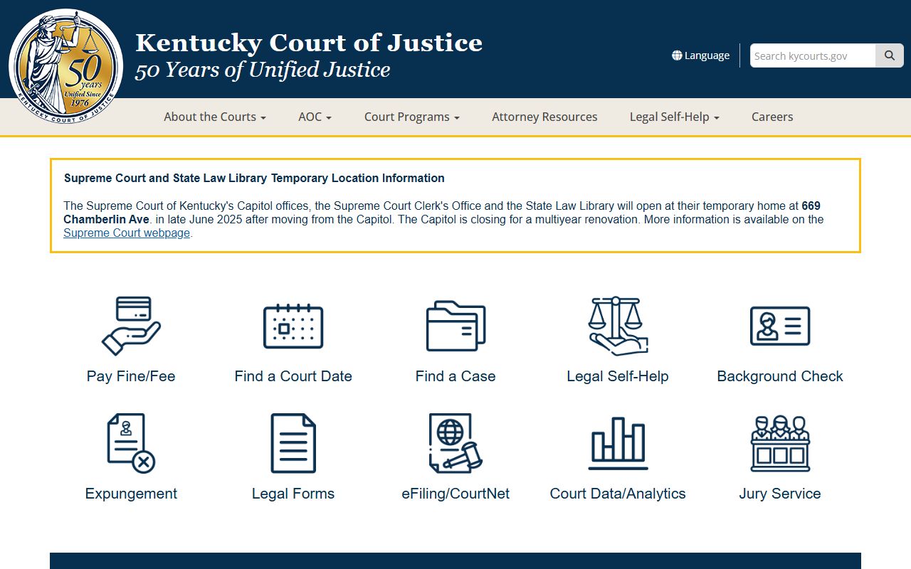 Kentucky Court of Justice homepage for accessing court dockets